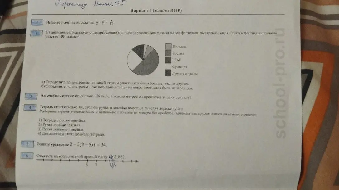 Найди значение выражения, определи по диаграмме страну с наибольшим числом участников и количество участников из Франции, определи расстояние в метрах, выбери верные утверждения, реши уравнение и отметь точку на прямой.