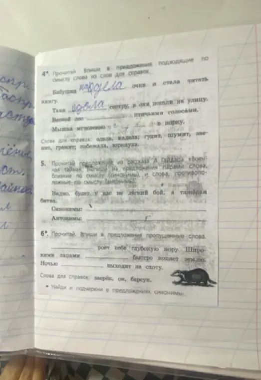 Выполни задания 4, 5 и 6: Впиши слова, найди синонимы и антонимы.