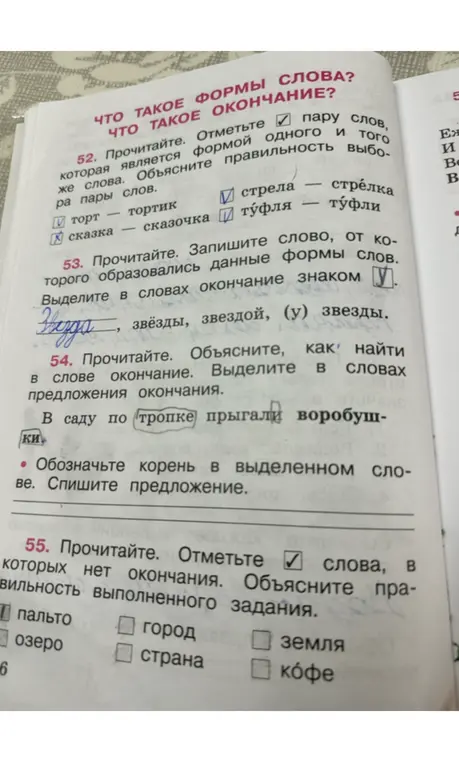 Отметь пару слов, которая является формой одного и того же слова, запиши слово, от которого образовались данные формы слов, объясни как найти в слове окончание, отметь слова, в которых нет окончания.