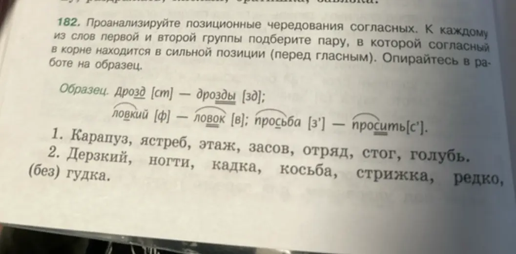 Проанализируй позиционные чередования согласных в словах и подбери пару, в которой согласный в корне находится в сильной позиции (перед гласным).