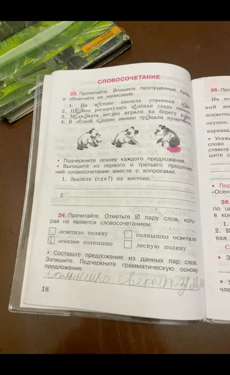 Впиши пропущенные буквы и объясни их написание в упражнении 33, подчеркни основу каждого предложения, выпиши из первого и третьего предложения словосочетания вместе с вопросами, отметь пару слов, которая не является словосочетанием, составь предложение из данных пар слов и подчеркни грамматическую основу предложения.