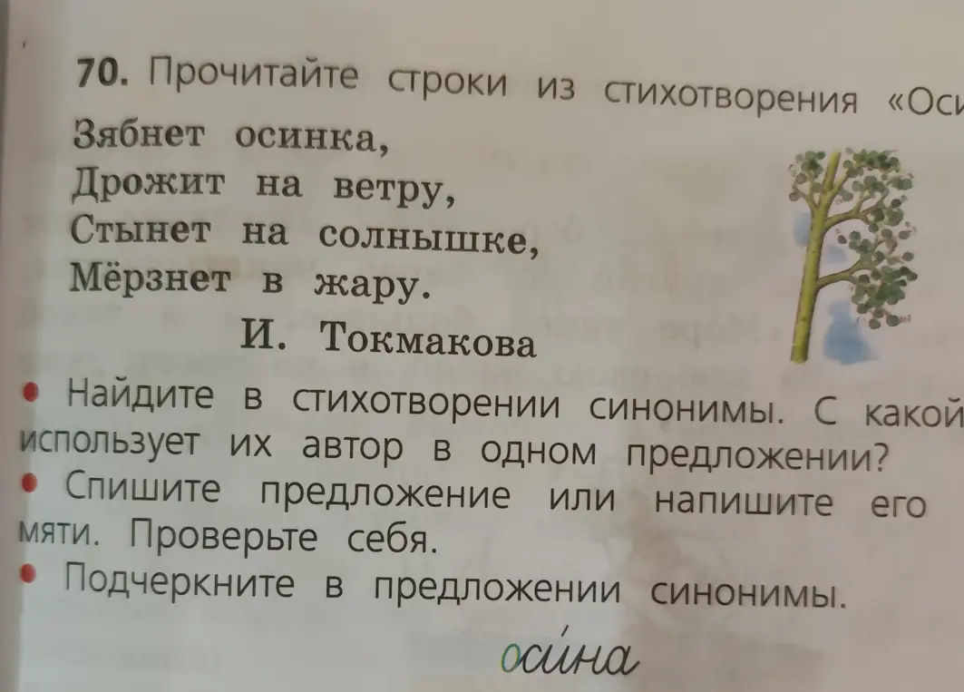 Найди в стихотворении синонимы. С какой целью использует их автор в одном предложении? Спиши предложение или напишите его по памяти. Проверьте себя. Подчеркните в предложении синонимы.