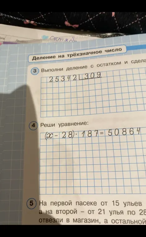 Выполни деление с остатком 25342 на 309, реши уравнение (x-28) * 187 = 50864 и реши задачу про пасеки.
