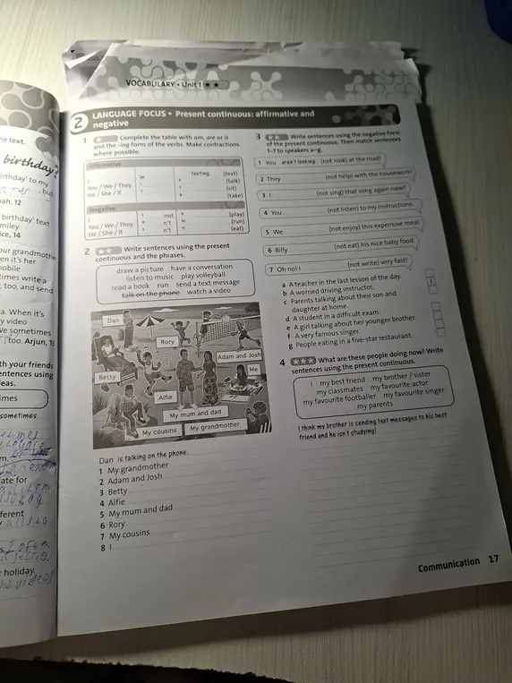 Выполни задания по английскому языку на present continuous: заполни таблицу, напиши предложения.