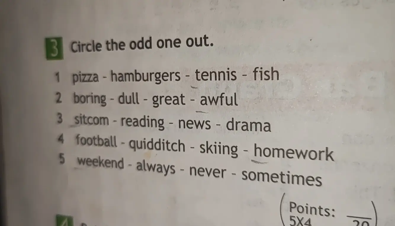 Определи лишнее слово в каждом ряду: pizza - hamburgers - tennis - fish