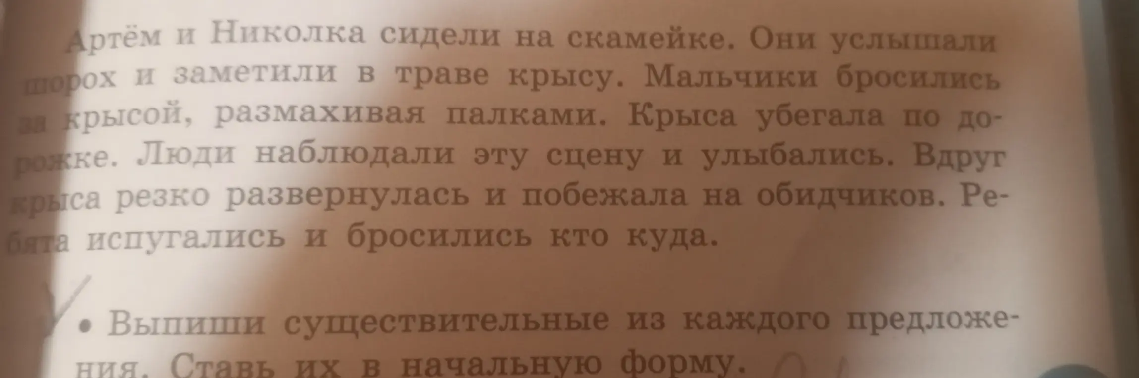 Выпиши существительные из каждого предложения и поставь их в начальную форму.