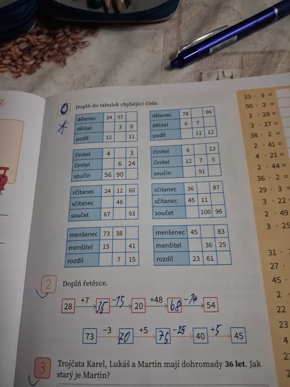 Заполни таблицы и цепочки чисел, а также определи возраст Мартина.