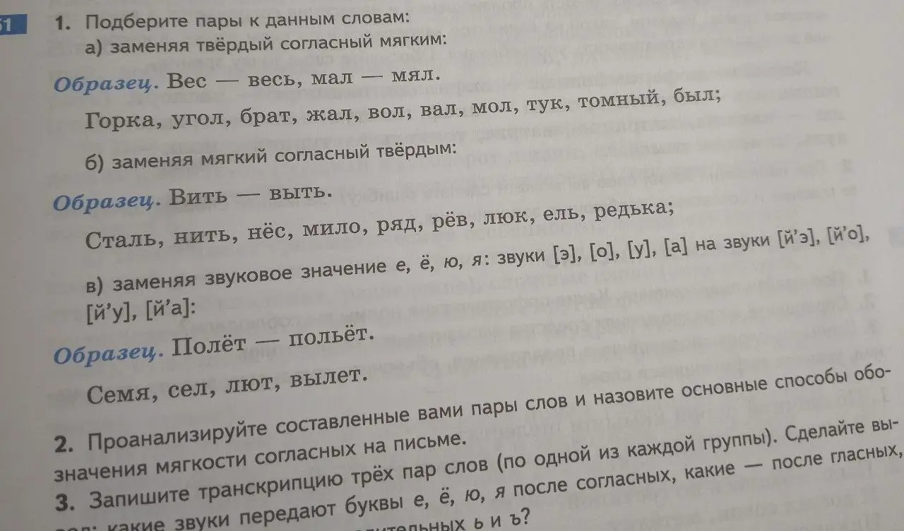 Подбери пары к данным словам, заменяя твёрдый согласный мягким, заменяя мягкий согласный твёрдым и заменяя звуковое значение.