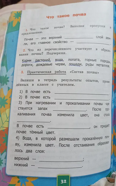 Заполни пропуски в предложении. Что из перечисленного участвует в образовании почвы? Запиши в тетрадь результаты опытов, проведённых в классе с учителем.