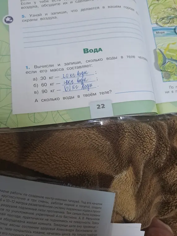 Вычисли и запиши, сколько воды в теле человека, если его масса составляет: а) 30 кг, б) 60 кг, в) 90 кг.