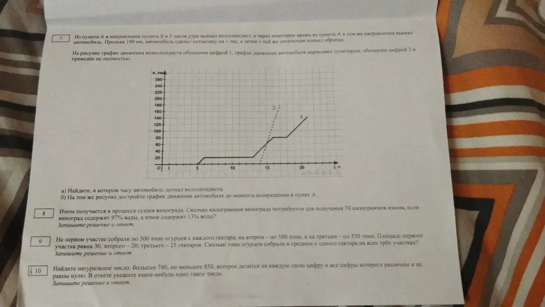 Найди, в котором часу автомобиль догнал велосипедиста.
