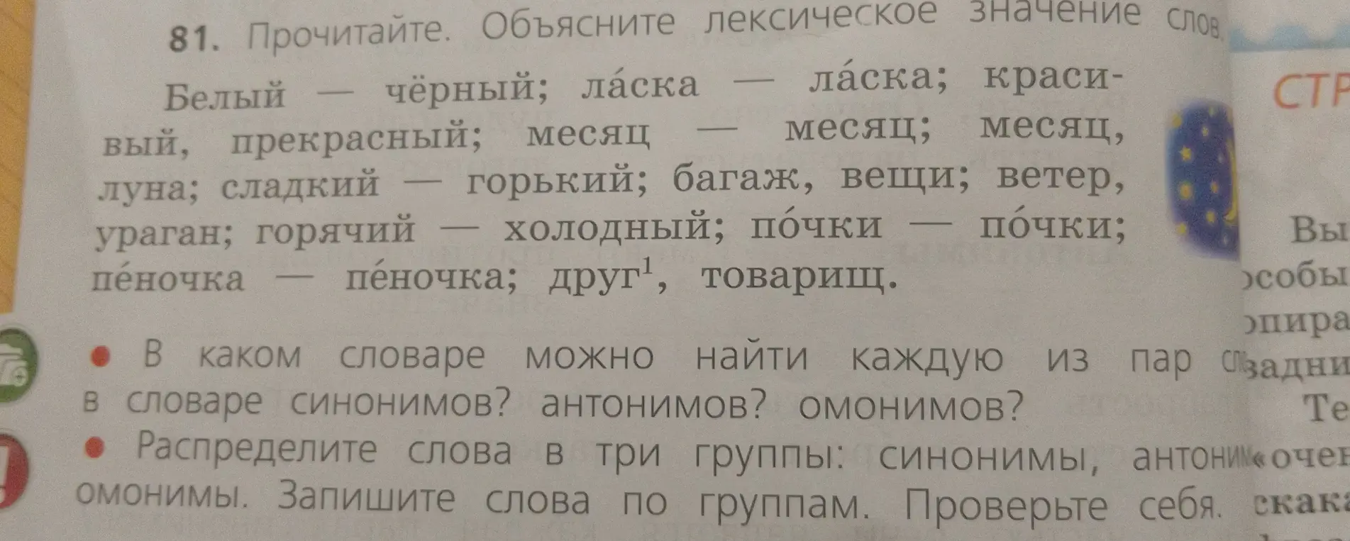 Определи, в каком словаре можно найти каждую из пар слов и распредели слова в три группы: синонимы, антонимы, омонимы.
