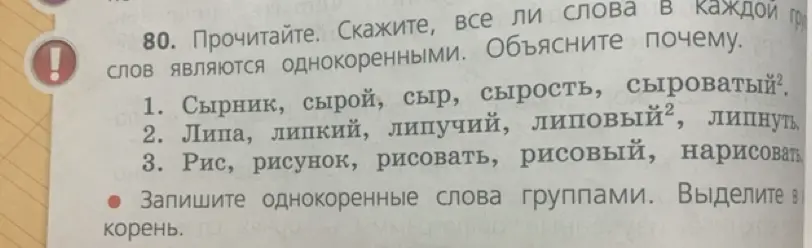 Определи, все ли слова в каждой группе однокоренные и объясни почему.