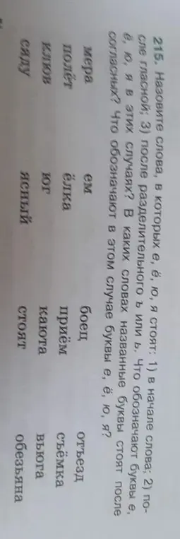 Назови слова, в которых е, ё, ю, я стоят: 1) в начале слова; 2) после гласной; 3) после разделительного в или ь. Что обозначают буквы е, ё, ю, я в этих случаях? В каких словах названные буквы стоят после согласных? Что обозначают в этом случае буквы е, ё, ю, я?