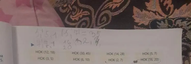 Найди наименьшее общее кратное (НОК) для пар чисел: (12, 18), (3, 5), (30, 45), (6, 10), (14, 28), (2, 7), (5, 7), (16, 20)