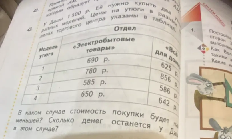 Определи, в каком отделе стоимость покупки двух утюгов будет меньше и сколько денег останется у Даши.