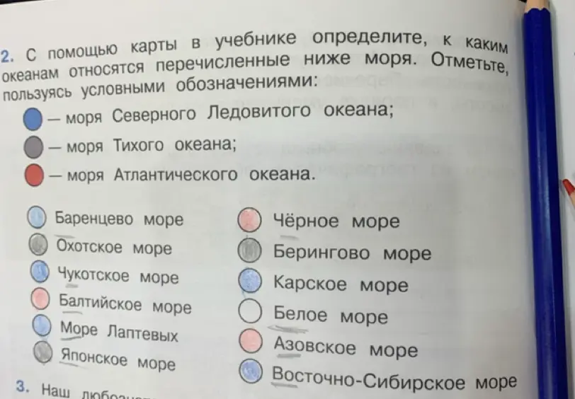 С помощью карты в учебнике определи, к каким океанам относятся перечисленные ниже моря.