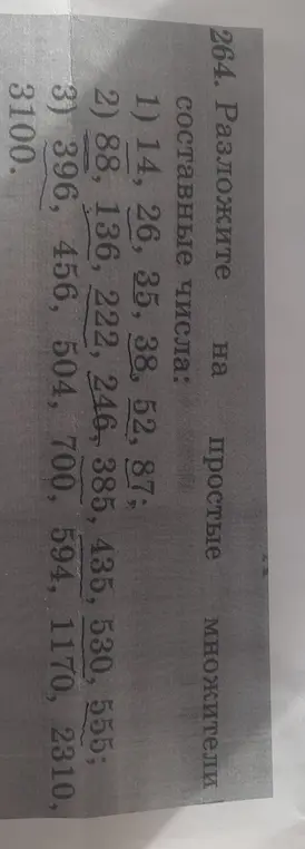 Разложи на простые множители составные числа: 1) 14, 26, 35, 38, 52, 87