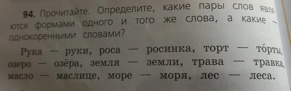 Определи, какие пары слов являются формами одного и того же слова, а какие - однокоренными словами.