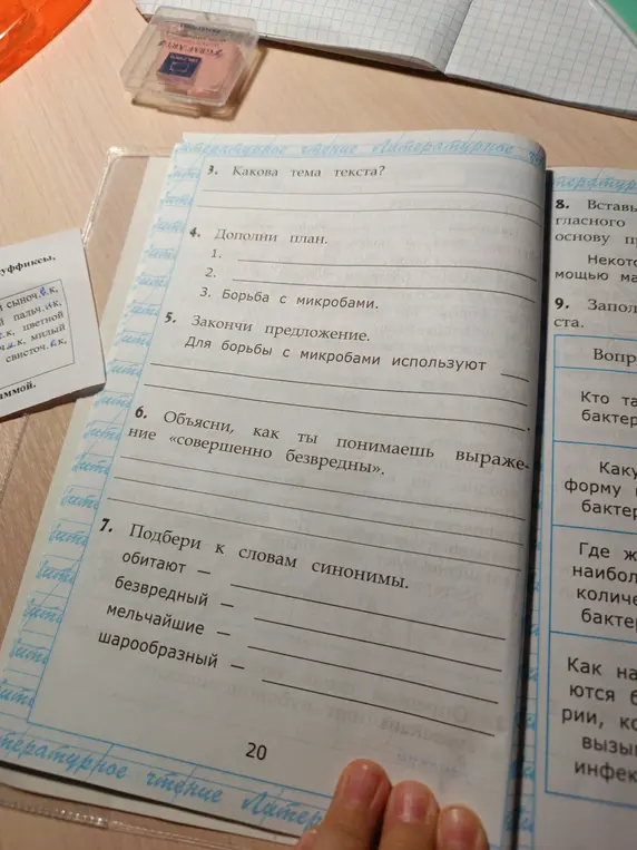 Ответь на вопросы по литературному чтению: какая тема текста, дополни план, закончи предложение, объясни выражение и подбери к словам синонимы.