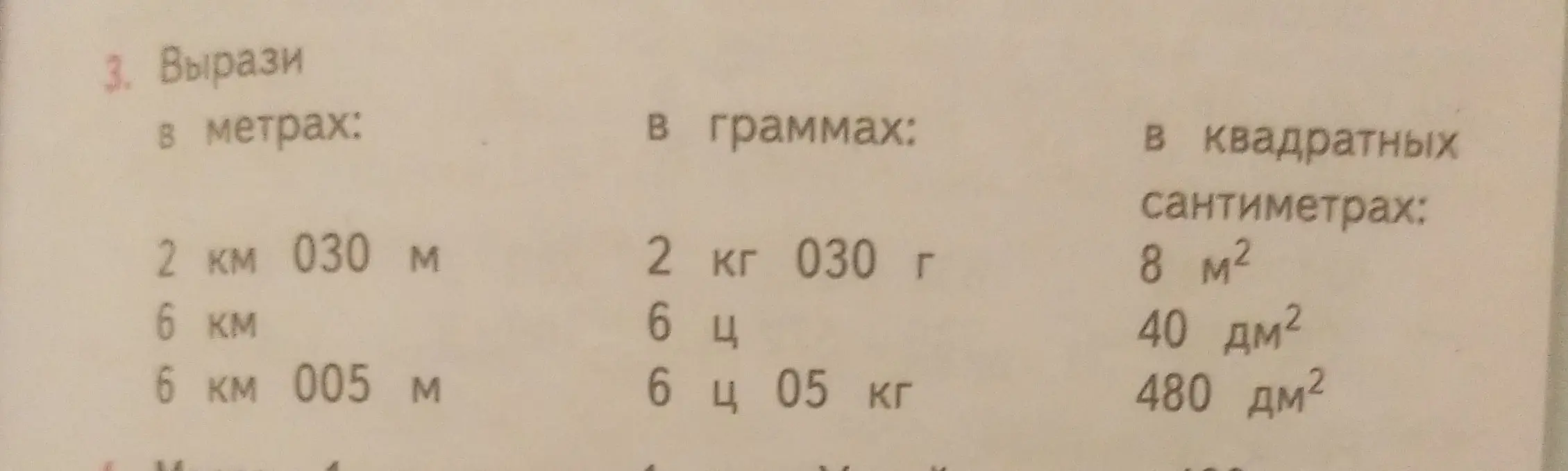 Вырази: а) в метрах 2 км 030 м; б) в граммах 2 кг 030 г; в) в квадратных сантиметрах 8 м².