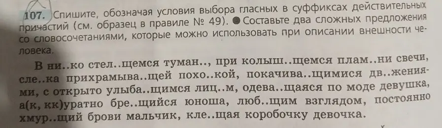 Спиши, обозначая условия выбора гласных в суффиксах действительных причастий и составь два сложных предложения со словосочетаниями для описания внешности человека.