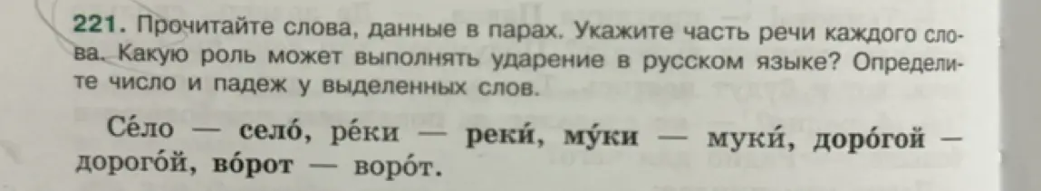 Прочитай слова, данные в парах. Укажи часть речи каждого слова. Какую роль может выполнять ударение в русском языке? Определи число и падеж у выделенных слов.