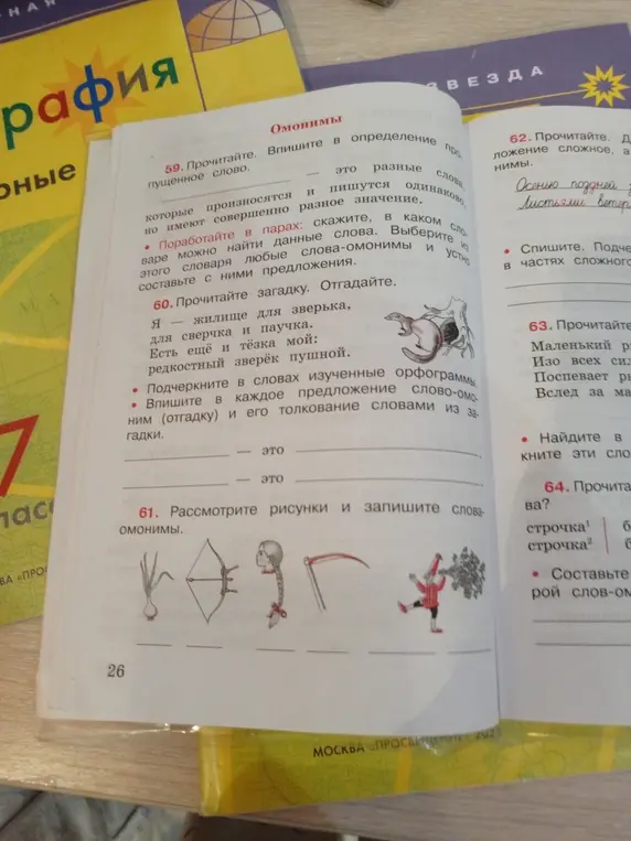 Рассмотри рисунки и запиши слова-омонимы.