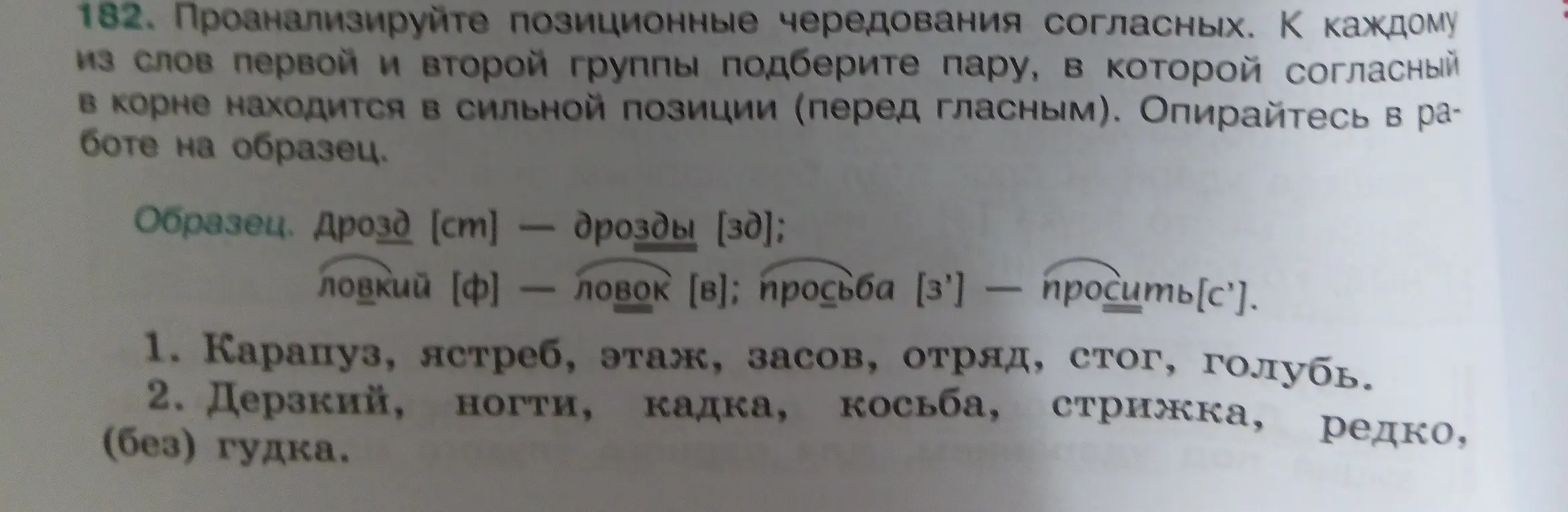 Проанализируй позиционные чередования согласных. К каждому из слов первой и второй группы подбери пару, в которой согласный в корне находится в сильной позиции (перед гласным).