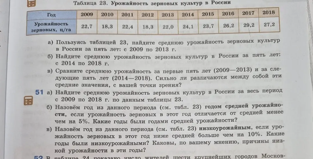 Найди среднюю урожайность зерновых культур в России за весь период с 2009 по 2018 г. по данным таблицы 23.
