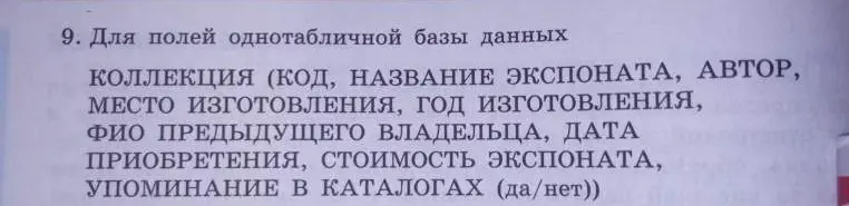 Опиши поля однотабличной базы данных "Коллекция".