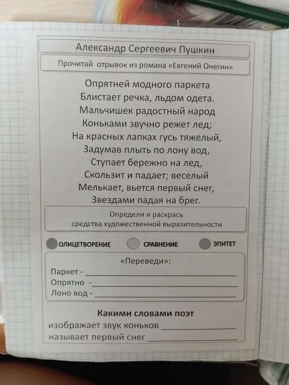 Определи и раскрась средства художественной выразительности в отрывке из романа «Евгений Онегин». Ответь, какими словами поэт изображает звук коньков и называет первый снег.