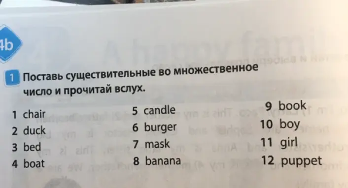 Поставь существительные во множественное число и прочитай вслух.