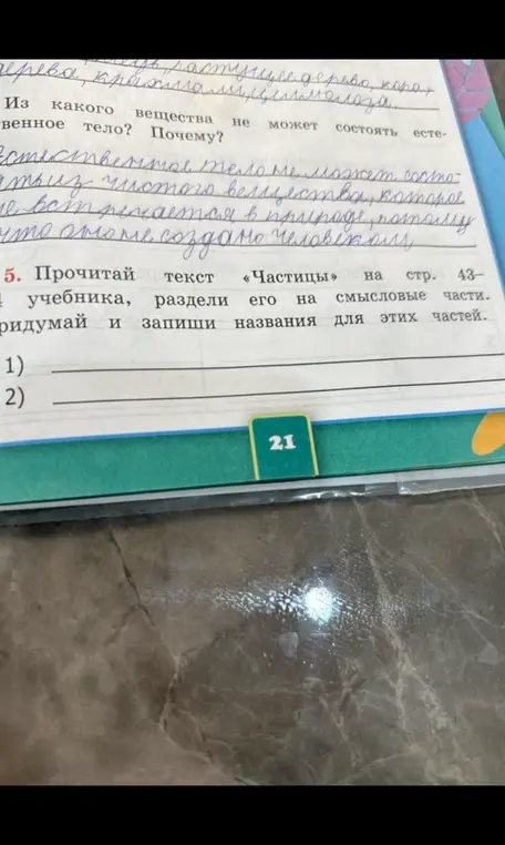 Прочитай текст «Частицы» на стр. 43 учебника, раздели его на смысловые части и придумай названия для этих частей.