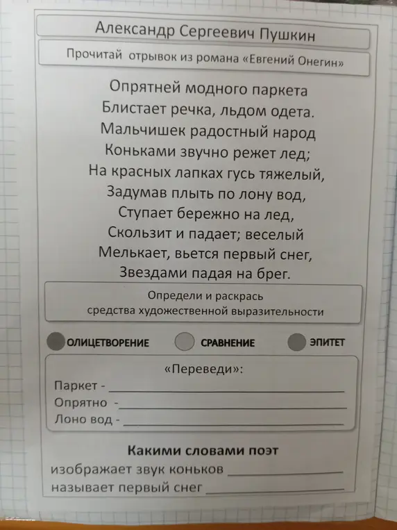 Определи средства художественной выразительности, подбери эпитеты, укажи, какими словами поэт изображает звук коньков и называет первый снег.