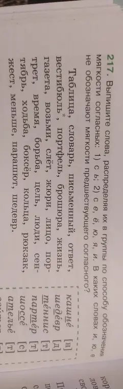 Выпиши слова, распределяя их в группы по способу обозначения мягкости согласных.