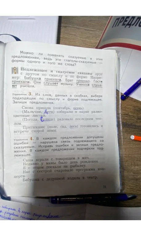 Выбери подходящее по смыслу и форме подлежащее из слов в скобках и запиши предложения. Исправь ошибки в предложениях, где нарушена связь подлежащего и сказуемого.