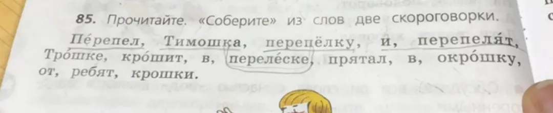 Составь две скороговорки из слов: перепел, Тимошка, перепёлку, и, перепелят, Трошке, крошит, в, перелеске, прятал, в, окрошку, от, ребят, крошки