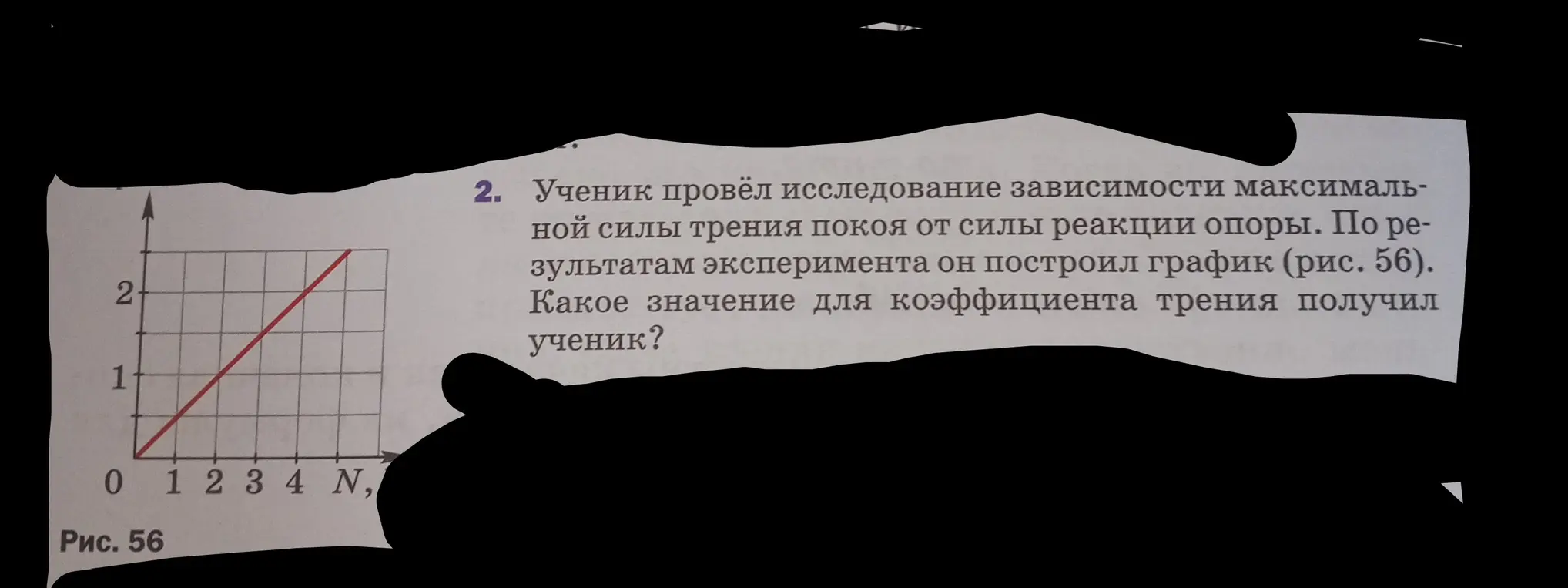 Определи значение коэффициента трения по графику зависимости максимальной силы трения покоя от силы реакции опоры.