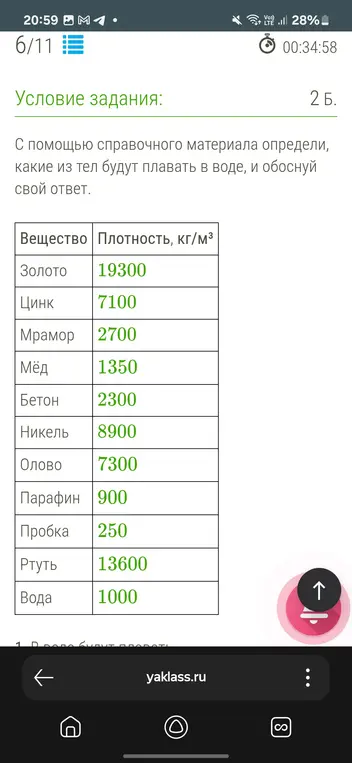 С помощью справочного материала определи, какие из тел будут плавать в воде, и обоснуй свой ответ.