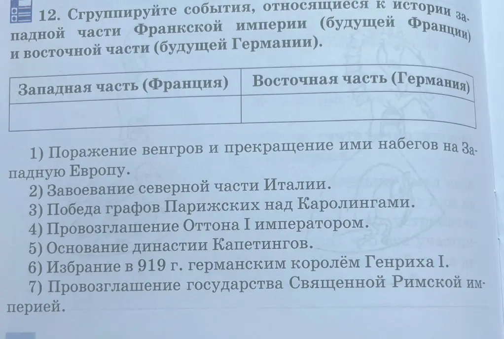 Сгруппируй события, относящиеся к истории западной части Франкской империи (будущей Франции) и восточной части (будущей Германии).