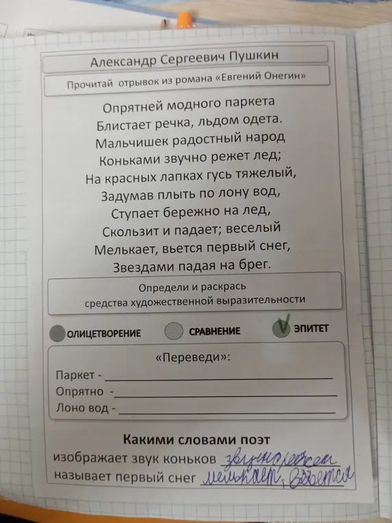 Определи и раскрась средства художественной выразительности в отрывке из романа «Евгений Онегин», а также укажи, какими словами поэт изображает звук коньков и называет первый снег.