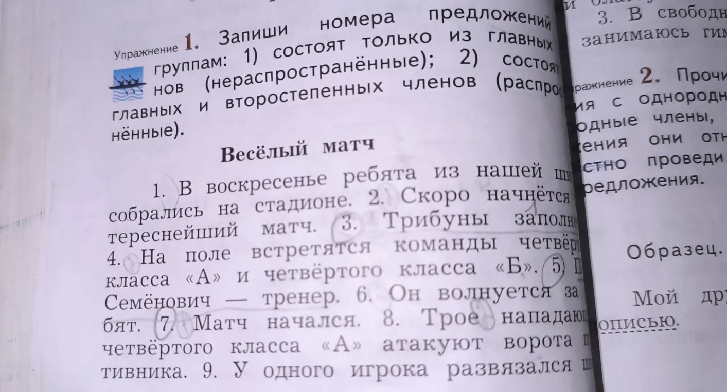 Запиши номера предложений группам: 1) состоят только из главных членов (нераспространённые); 2) состоят из главных и второстепенных членов (распространённые).