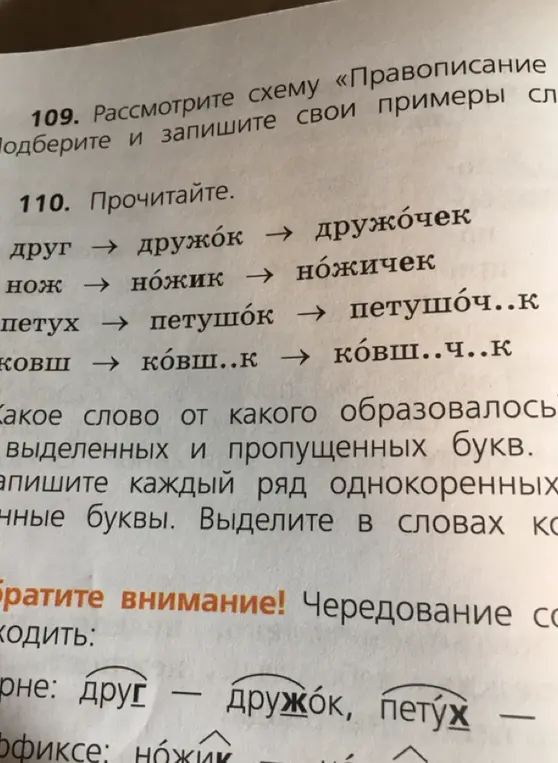Прочитай слова и скажи, какое слово от какого образовалось, вставь пропущенные буквы.