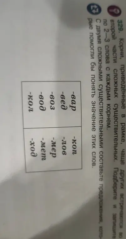 Составь по 2-3 слова с каждым корнем и составь два сложных существительных в предложении.