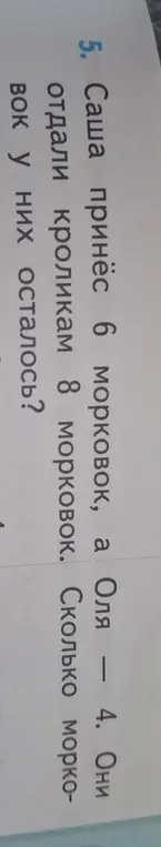 Вычисли, сколько морковок осталось у Саши и Оли после того, как они отдали 8 морковок кроликам, если Саша принёс 6 морковок, а Оля — 4.