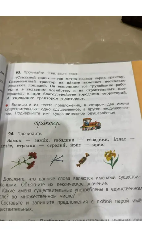 Выпиши из текста предложение, в котором два имени существительных: одно одушевлённое, а другое неодушевлённое. Подчеркни имя существительное одушевлённое. Докажи, что данные слова являются именами существительными. Объясни их лексическое значение. Какие имена существительные употреблены в единственном числе? во множественном числе? Составь и запиши предложения с любой парой имён существительных.
