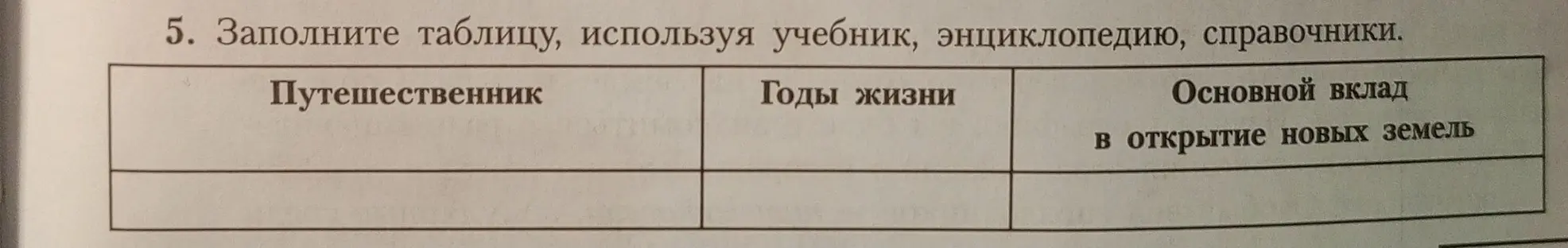 Заполни таблицу: Путешественник, Годы жизни, Основной вклад в открытие новых земель.