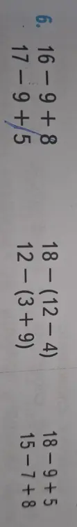 Вычисли выражения: 16-9+8, 17-9+5, 18-(12-4), 12-(3+9), 18-9+5, 15-7+8