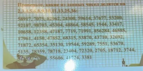 Проверь, какие из данных чисел делятся на 2, 3, 4, 5, 6, 8, 9, 10, 11, 13, 25, 36